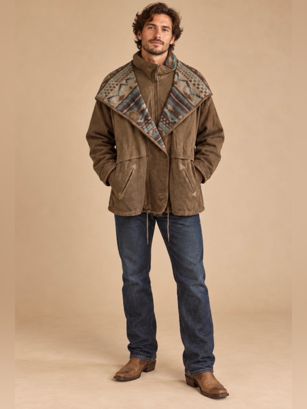 VINTAGE Antels Brown Suede Ranch Jacket with Wool Patterned Shawl Collar/Hood